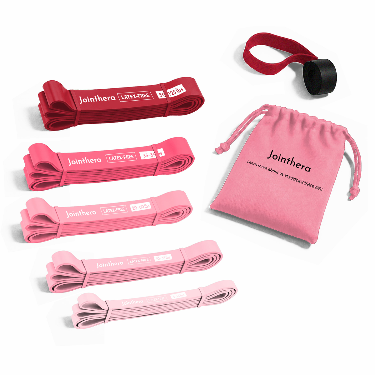 Pink latex-free pull-up assist bands — set of 5 (5–125 lbs) with pink carry pouch and door anchor