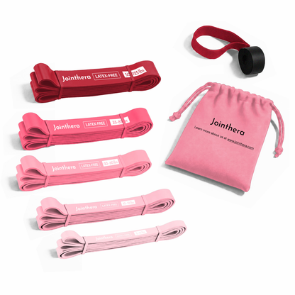 Pink latex-free pull-up assist bands — set of 5 (5–125 lbs) with pink carry pouch and door anchor