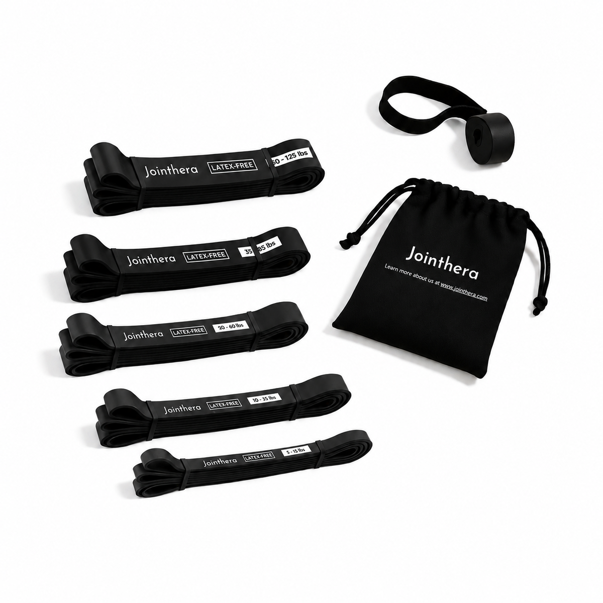 Black latex-free pull-up assist bands — set of 5 (5–125 lbs) with black carry pouch and door anchor
