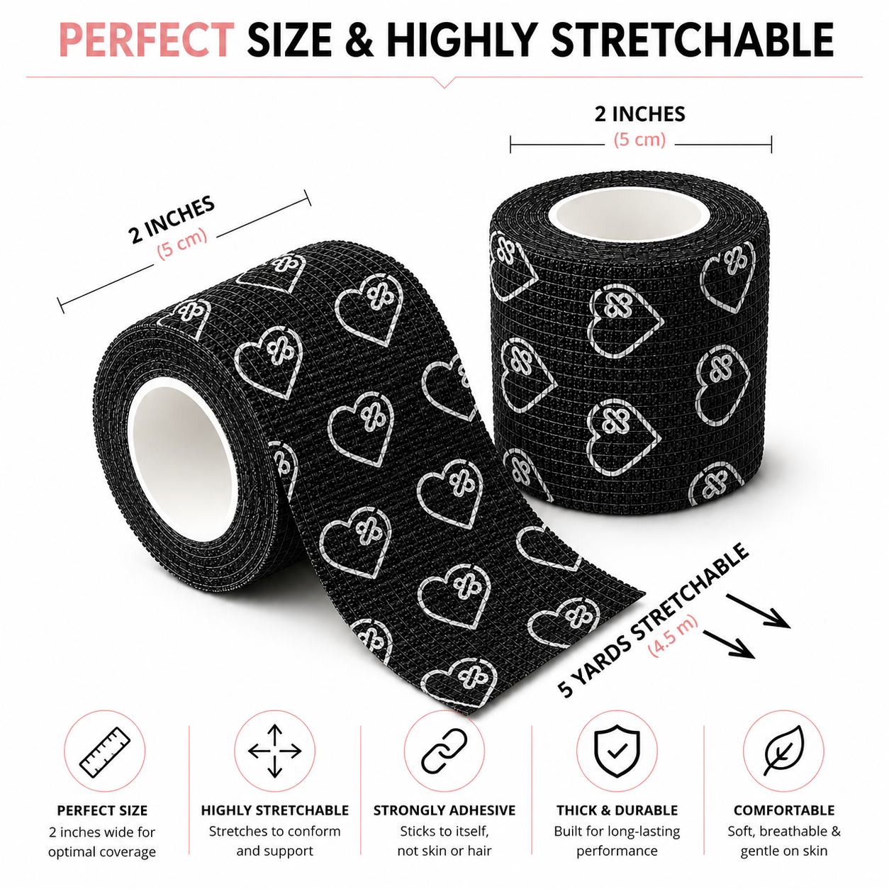 Premium Latex Free Self Adhesive Bandage Wrap For Compression, Injury Support & Joint Protection - 2" x 5 Yds, 6 Pack