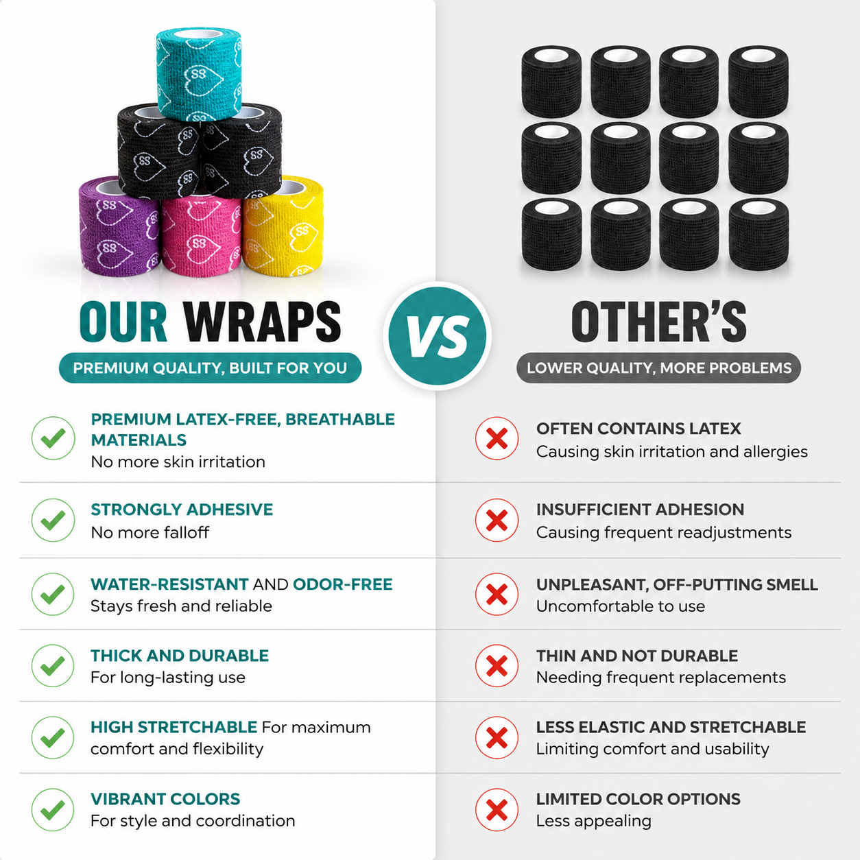 Premium Latex Free Self Adhesive Bandage Wrap For Compression, Injury Support & Joint Protection - 2" x 5 Yds, 6 Pack