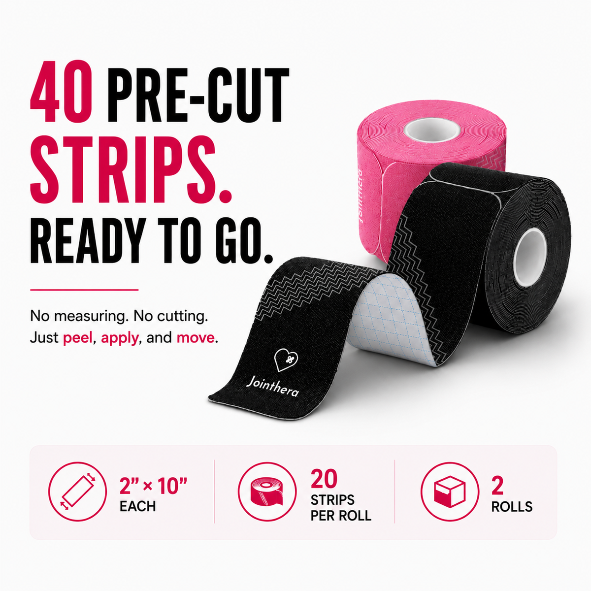 Premium Latex Free Extra-Thick Kinesiology Tape – Precut Strips for Sensitive Skin, Waterproof & Hypoallergenic Athletic Support for Knee, Wrist, Ankle & Shoulder (2” x 10”, 2 Rolls, 20 Strips Each) Jointhera