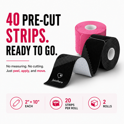 Premium Latex Free Extra-Thick Kinesiology Tape – Precut Strips for Sensitive Skin, Waterproof & Hypoallergenic Athletic Support for Knee, Wrist, Ankle & Shoulder (2” x 10”, 2 Rolls, 20 Strips Each) Jointhera