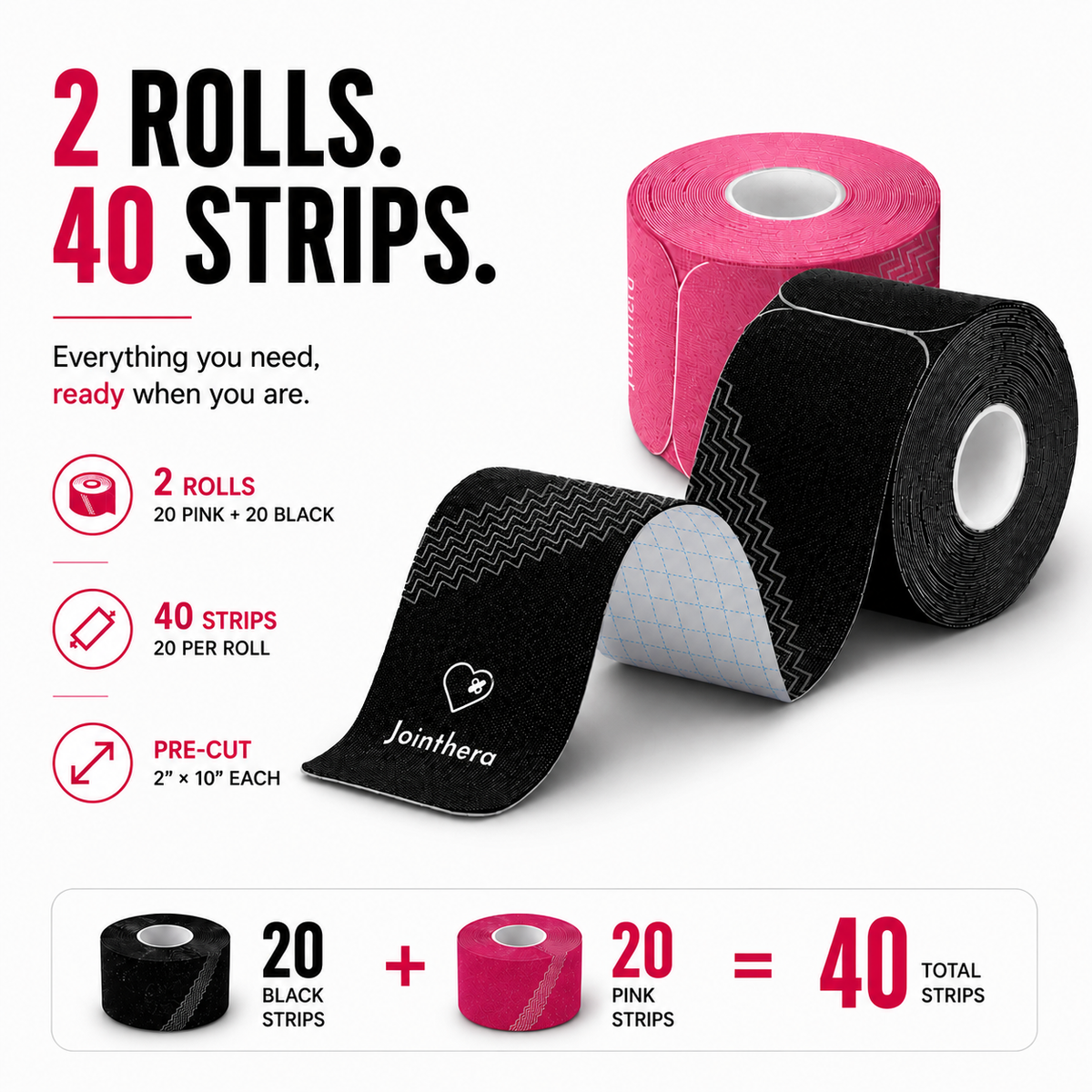 Premium Latex Free Extra-Thick Kinesiology Tape – Precut Strips for Sensitive Skin, Waterproof & Hypoallergenic Athletic Support for Knee, Wrist, Ankle & Shoulder (2” x 10”, 2 Rolls, 20 Strips Each) Jointhera