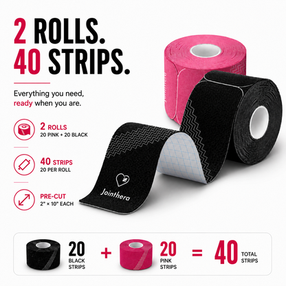 Premium Latex Free Extra-Thick Kinesiology Tape – Precut Strips for Sensitive Skin, Waterproof & Hypoallergenic Athletic Support for Knee, Wrist, Ankle & Shoulder (2” x 10”, 2 Rolls, 20 Strips Each) Jointhera