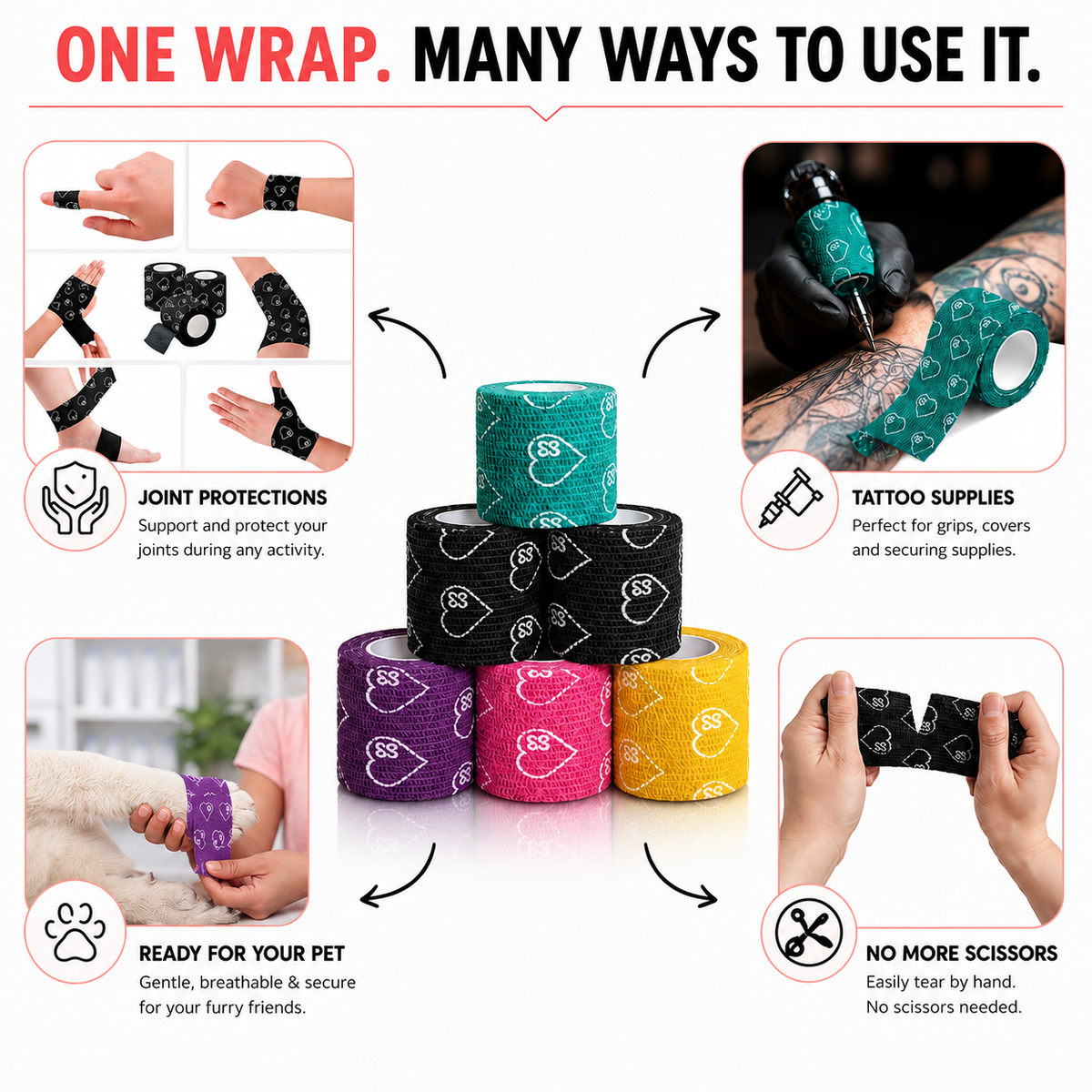 Premium Latex Free Self Adhesive Bandage Wrap For Compression, Injury Support & Joint Protection - 2" x 5 Yds, 6 Pack Jointhera