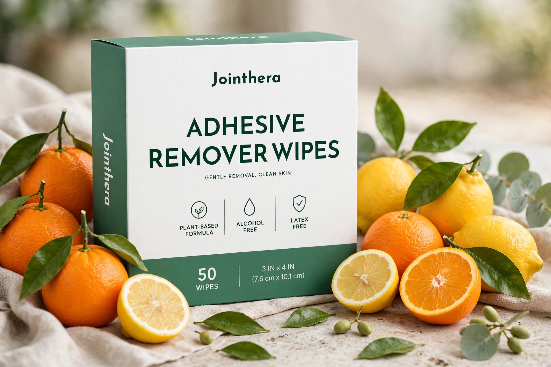 Fresh citrus fruits beside adhesive remover wipes box