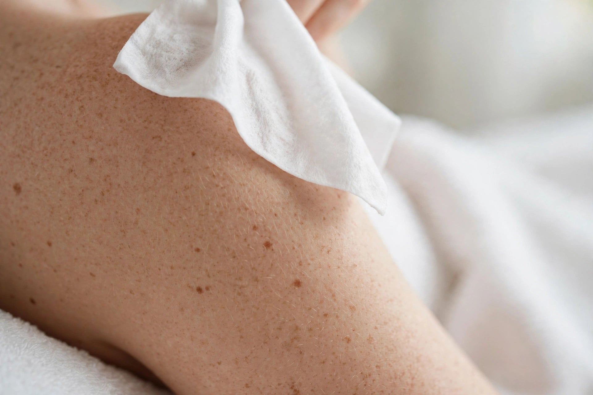 Soft white wipe gently touching shoulder skin