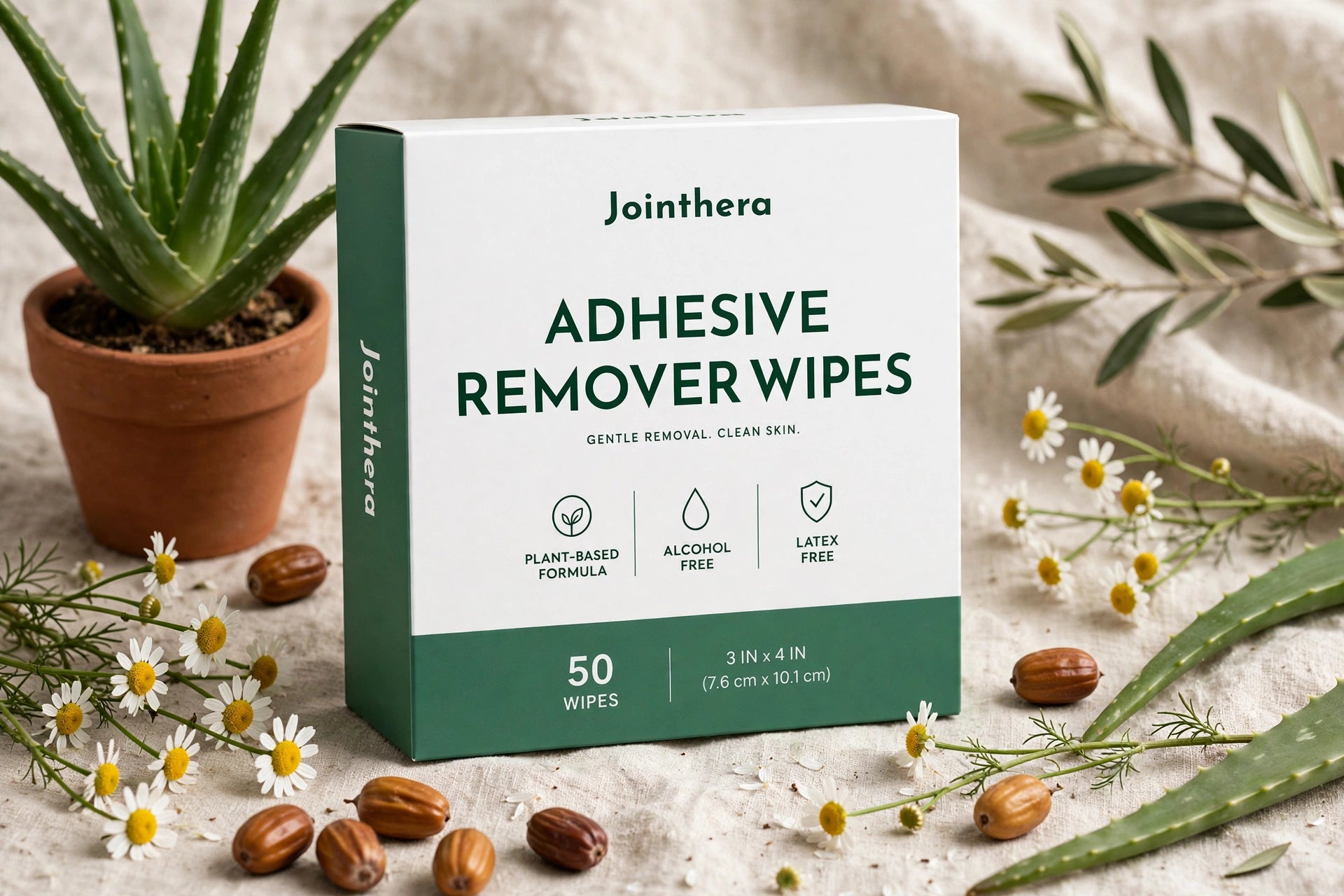 Aloe, chamomile and jojoba with adhesive remover wipes box