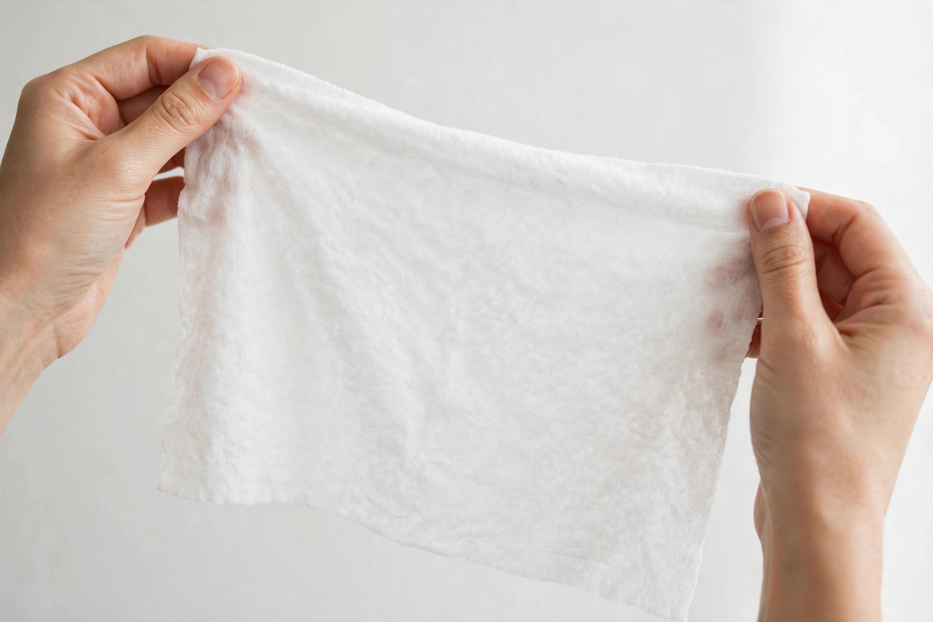 Hands holding large unfolded white wipe