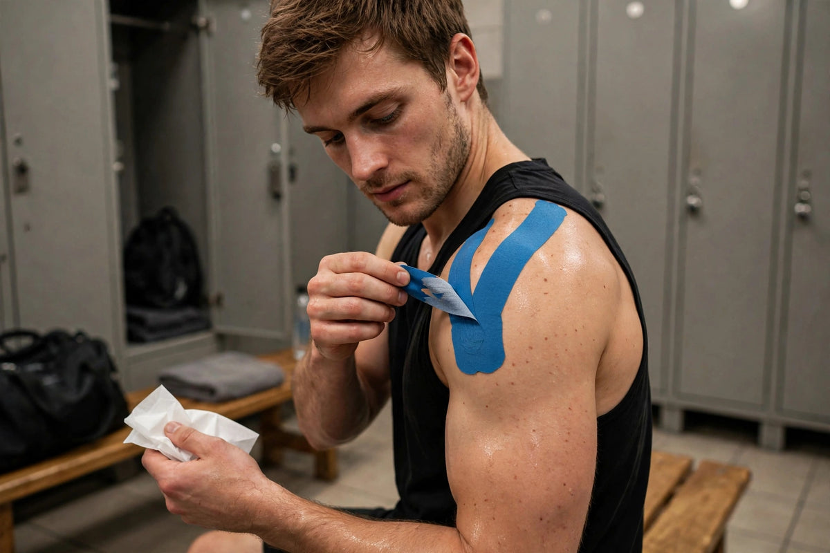 Athlete peeling kinesiology tape, wipe in hand