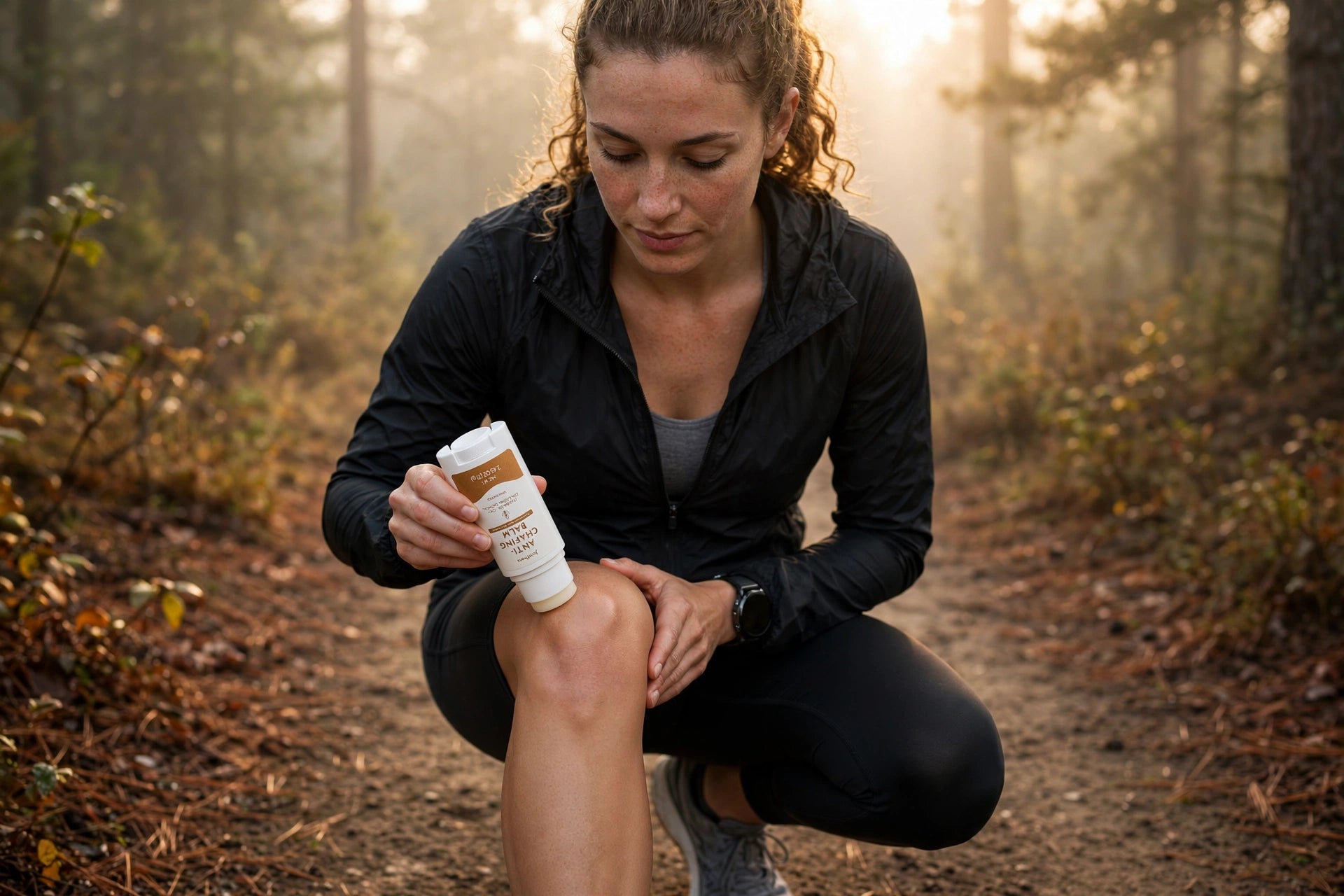Runner applying anti-chafing balm to thigh at sunrise