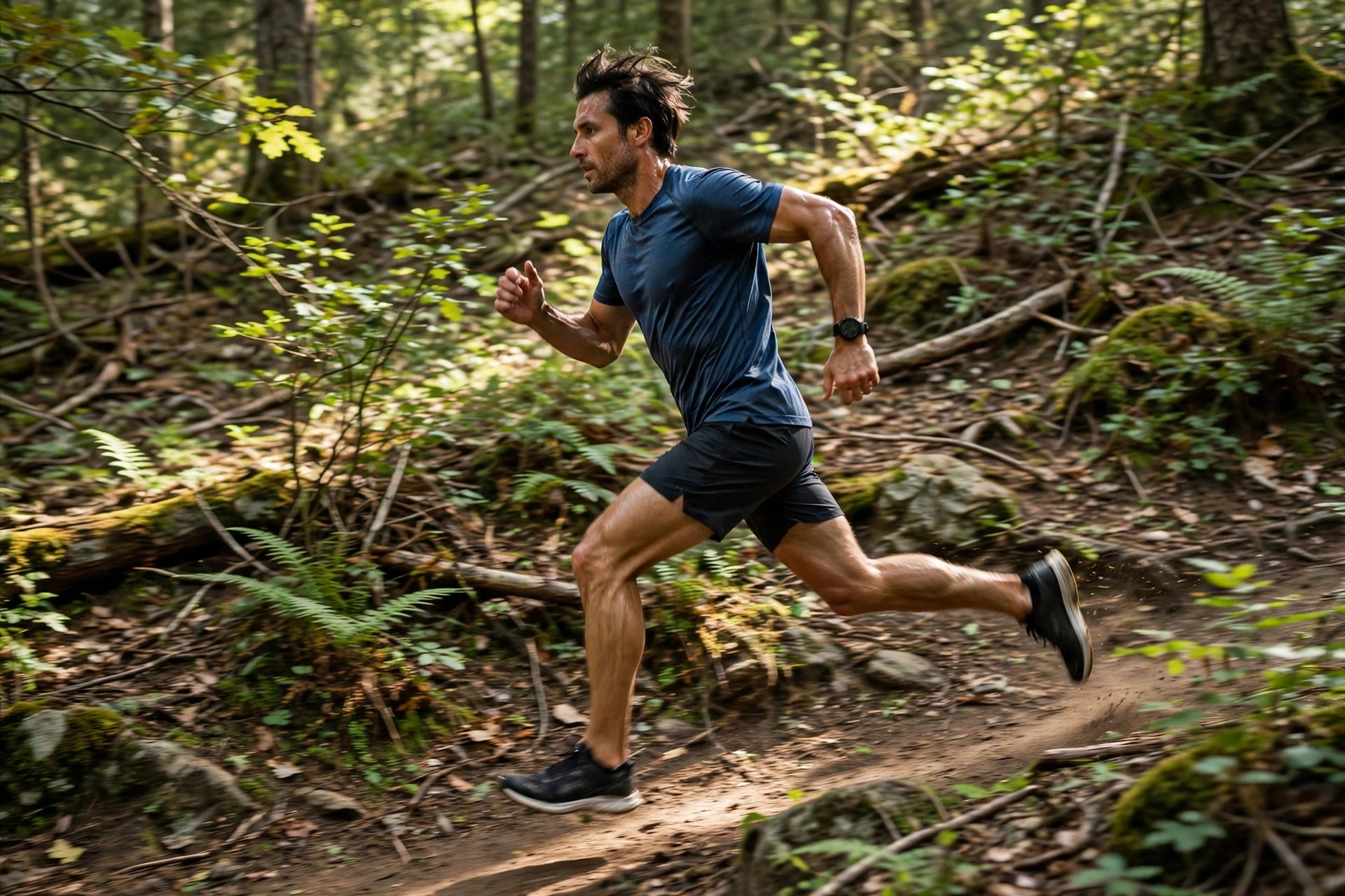 Athlete running mid-stride on forest trail