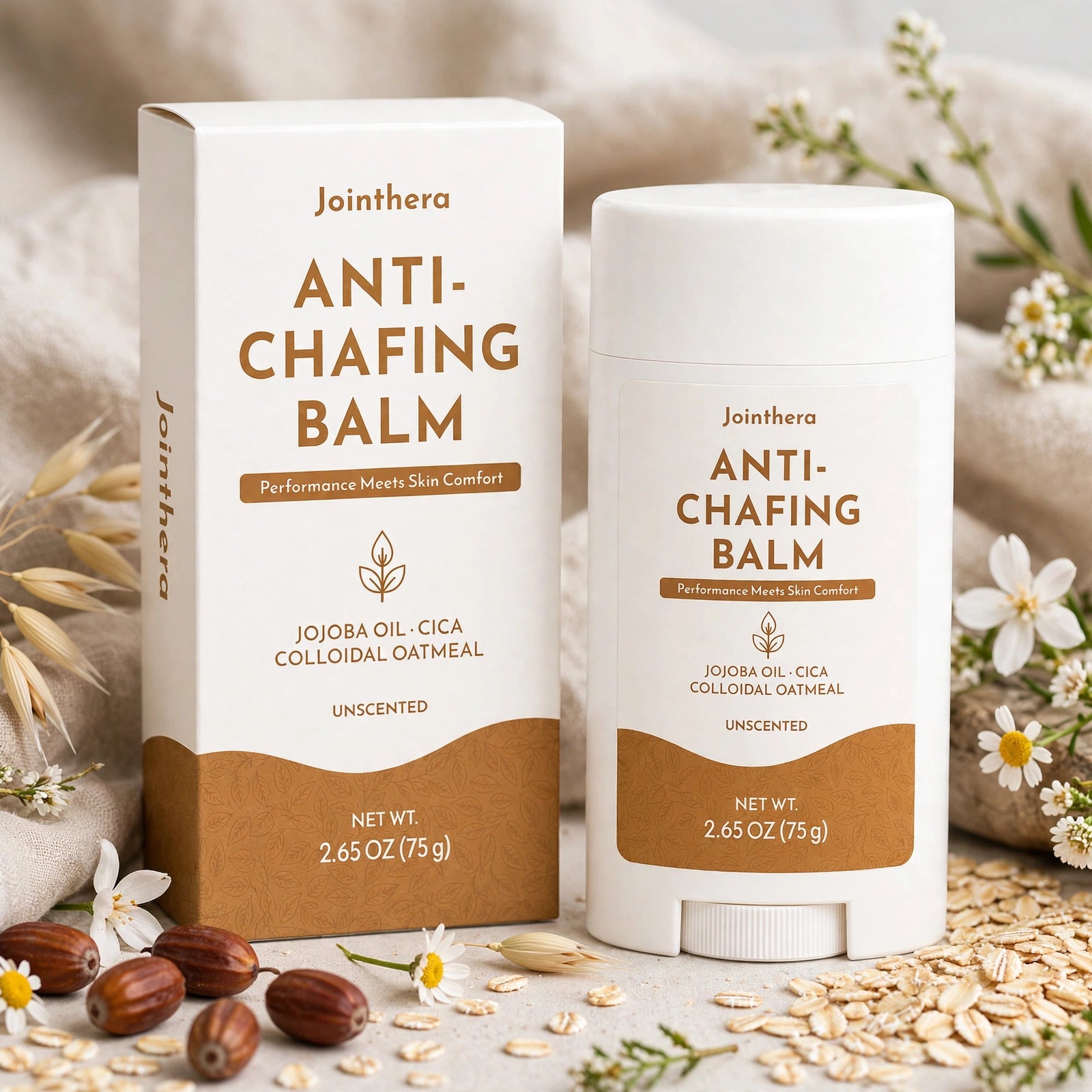 Jojoba, oat flakes and flowers with anti-chafing balm stick