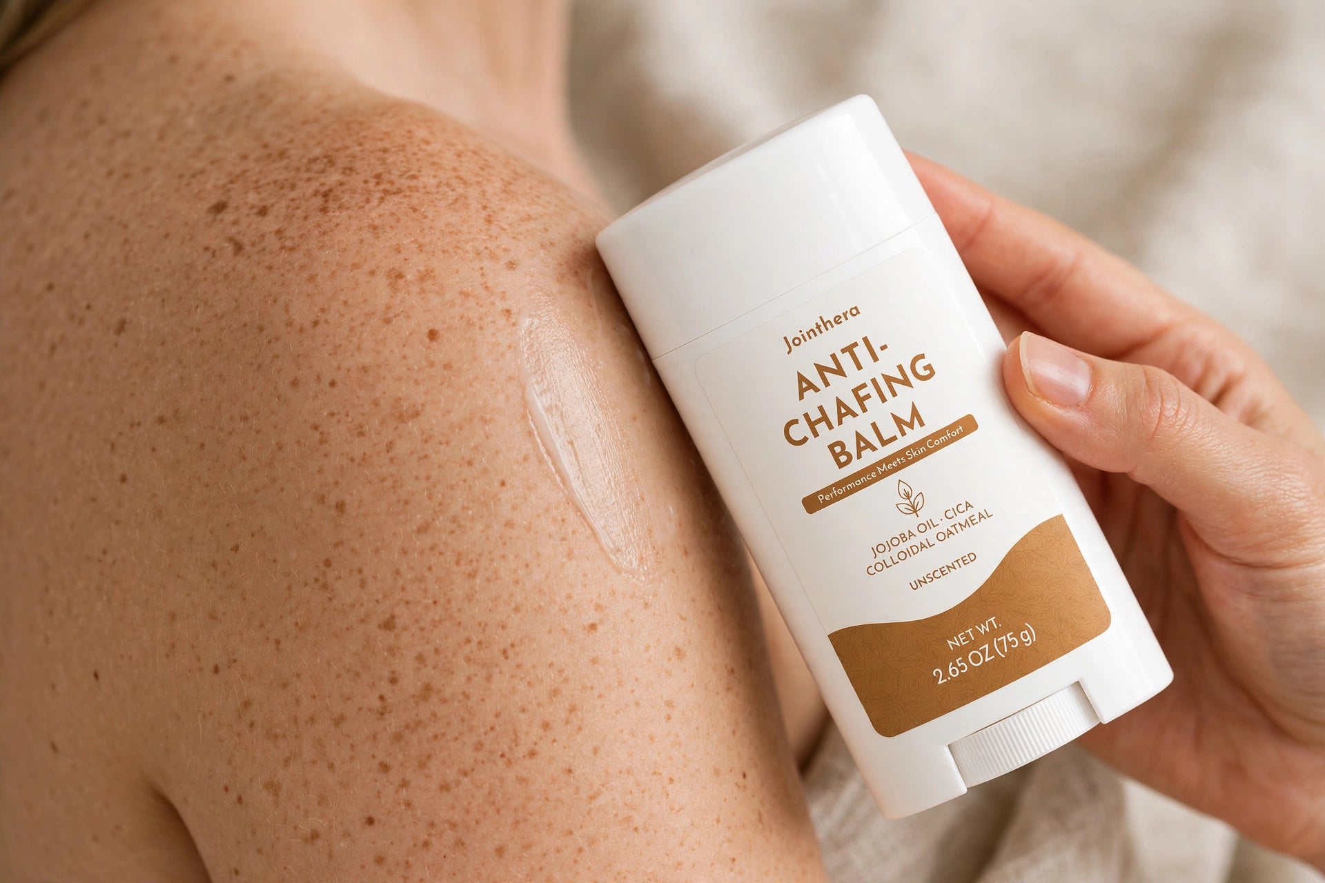 Anti-chafing balm stick gliding over shoulder skin