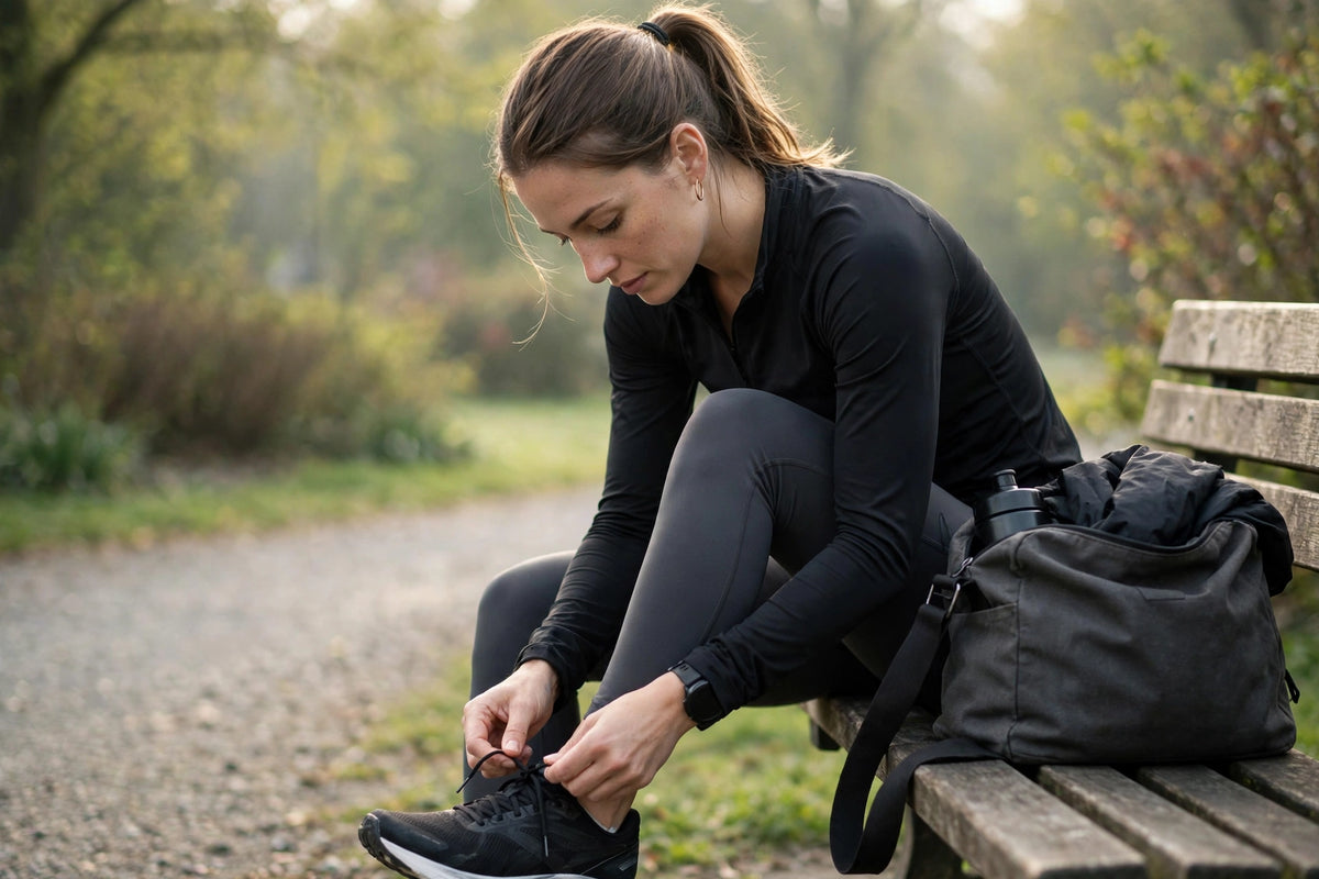 Runner lacing shoes on bench before morning run