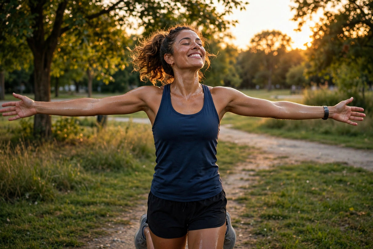 Joyful runner cooling down in park at golden hour