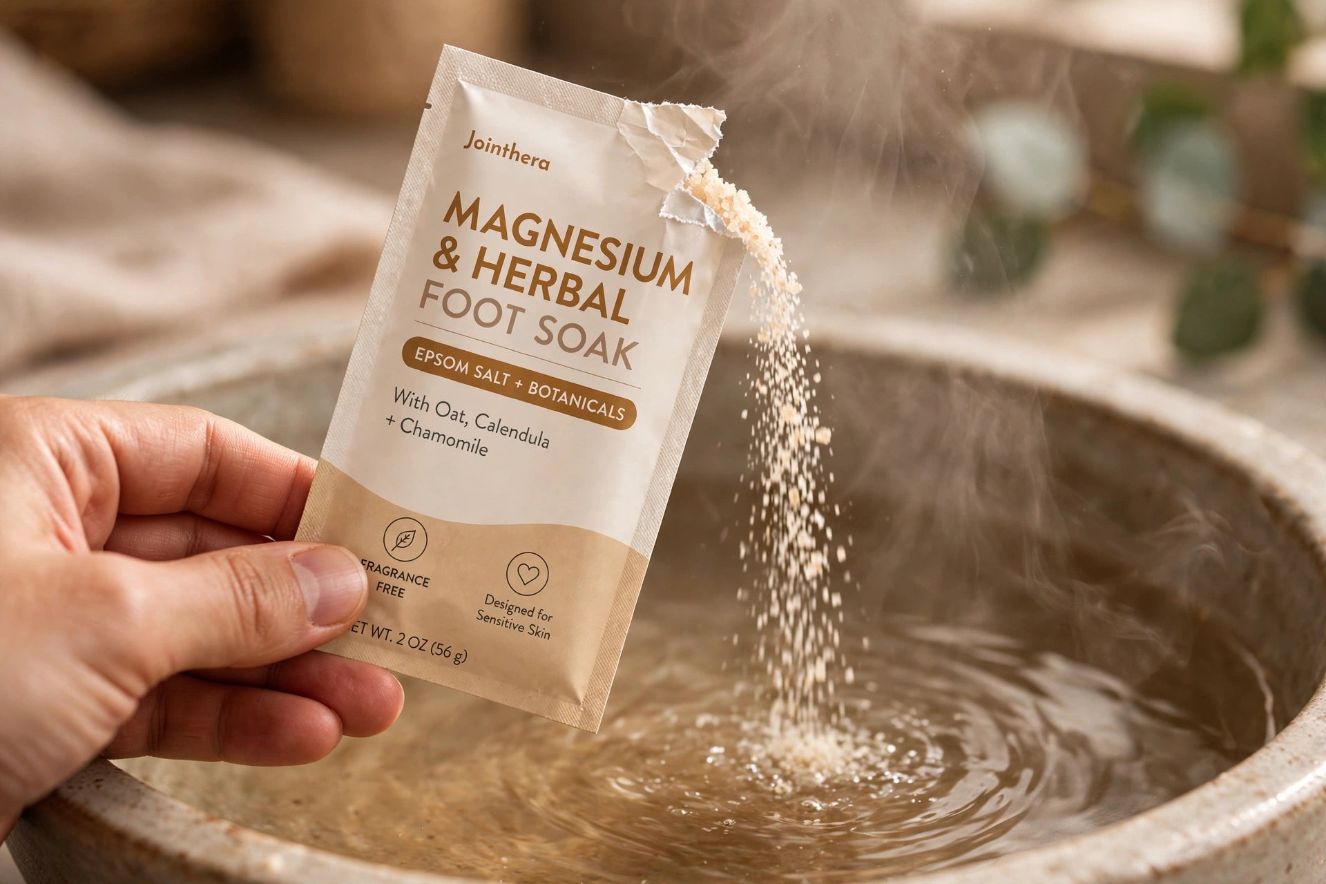 Foot soak salts pouring into basin of warm steaming water