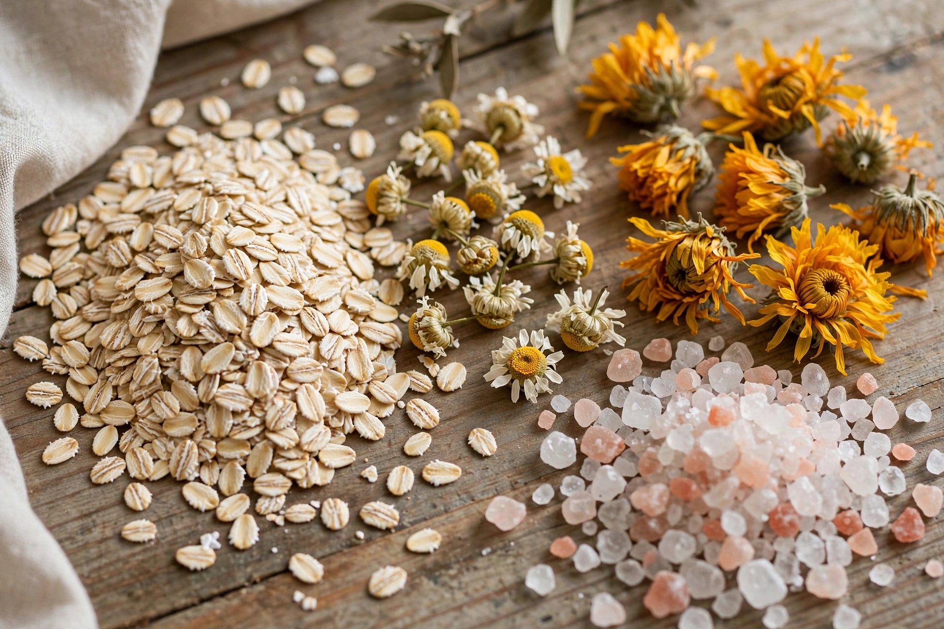 Oats, chamomile, calendula and bath salt crystals on wood