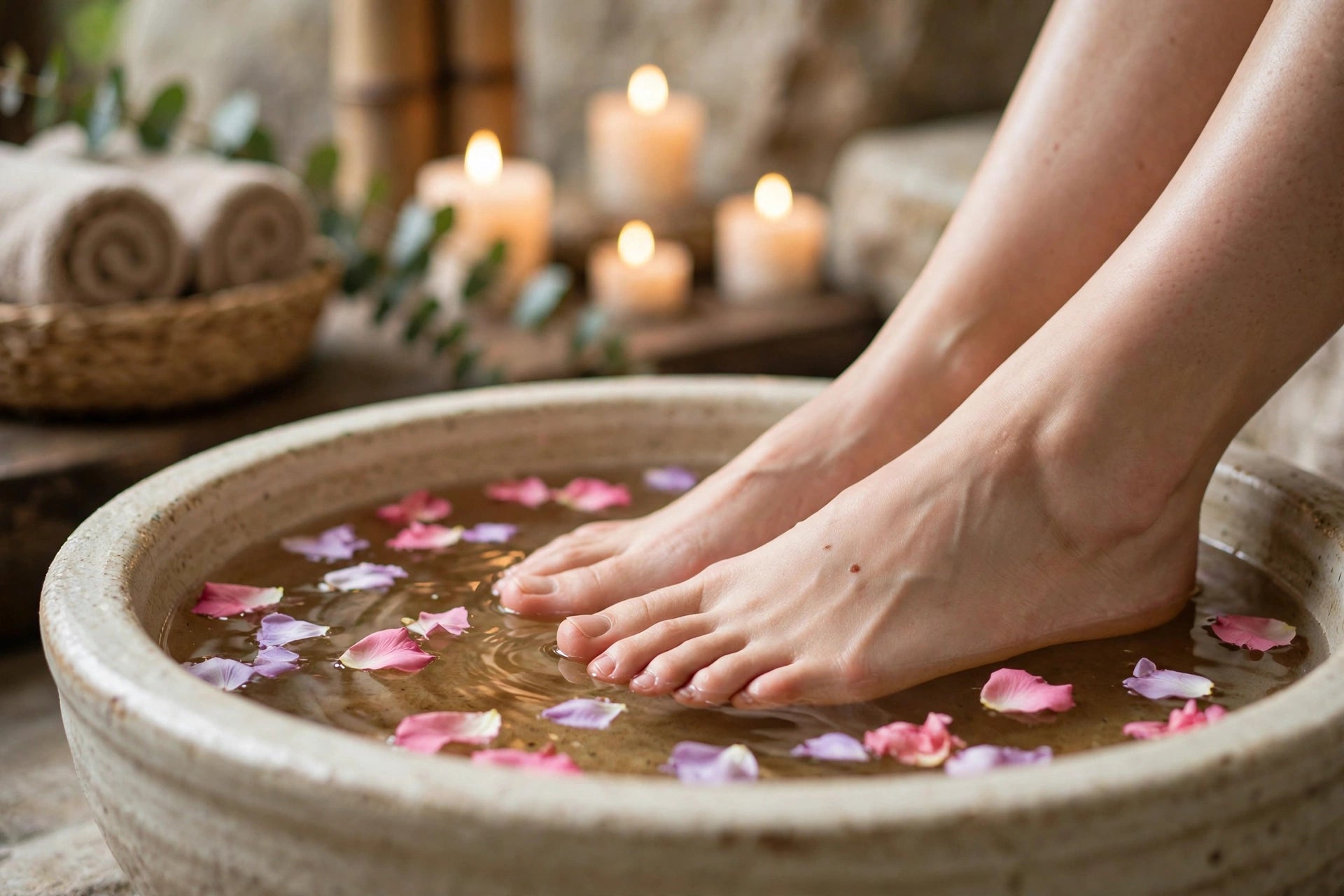 Feet soaking in basin with flower petals, spa candles