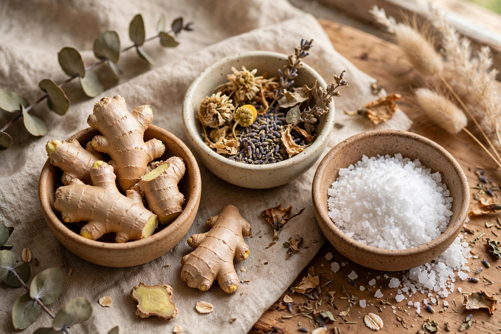 Ginger root, botanicals and sea salt in ceramic bowls