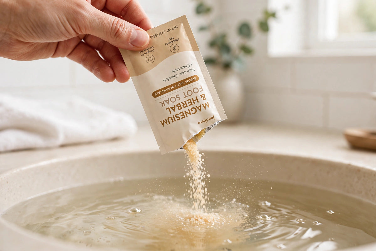Hands pouring foot soak salts into warm water basin