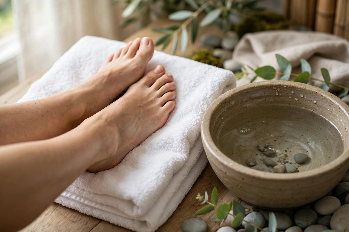 Bare feet resting on white towel beside soak basin