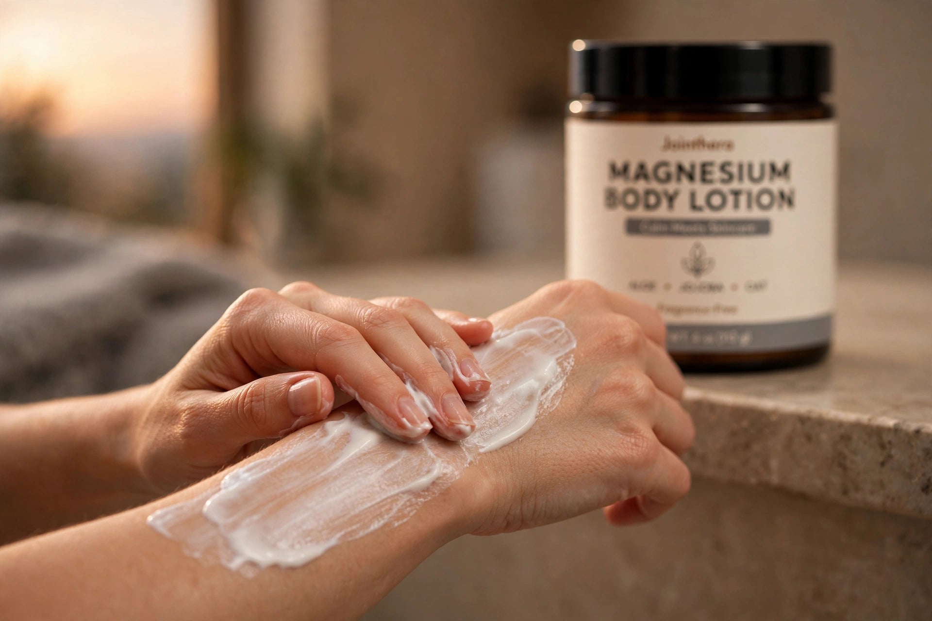 Hands massaging magnesium body lotion into forearm in warm evening light