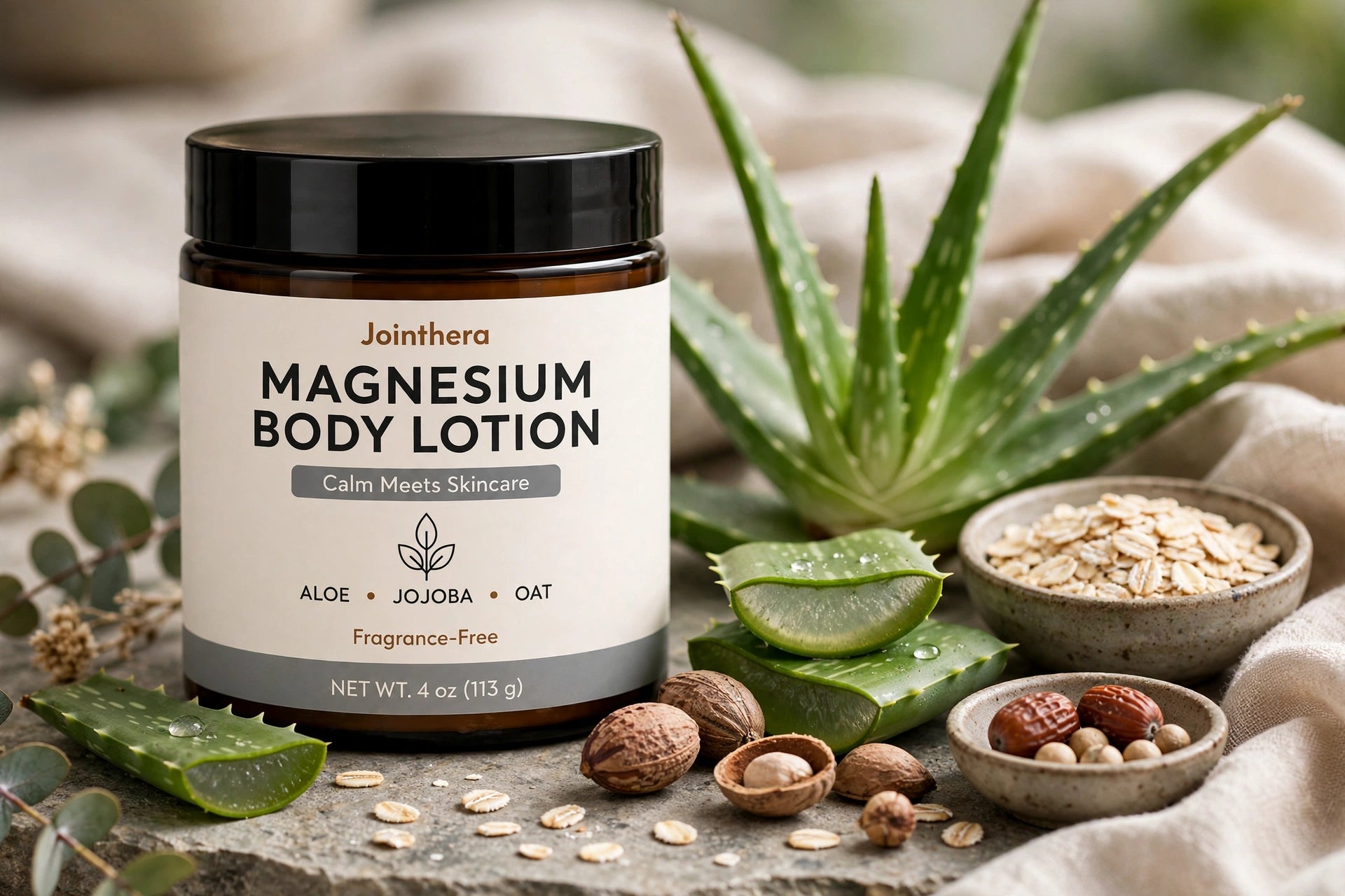 Aloe vera, shea nuts and botanicals beside magnesium body lotion bottle