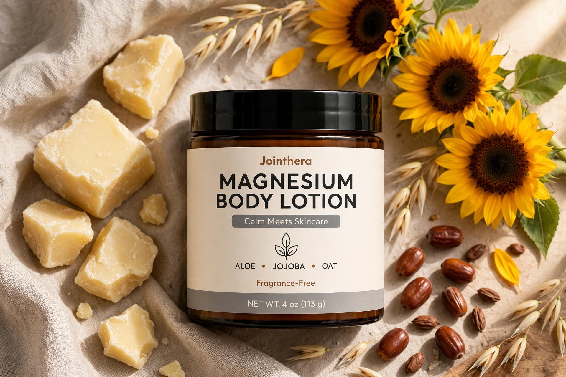 Shea butter, jojoba and sunflower with magnesium lotion bottle