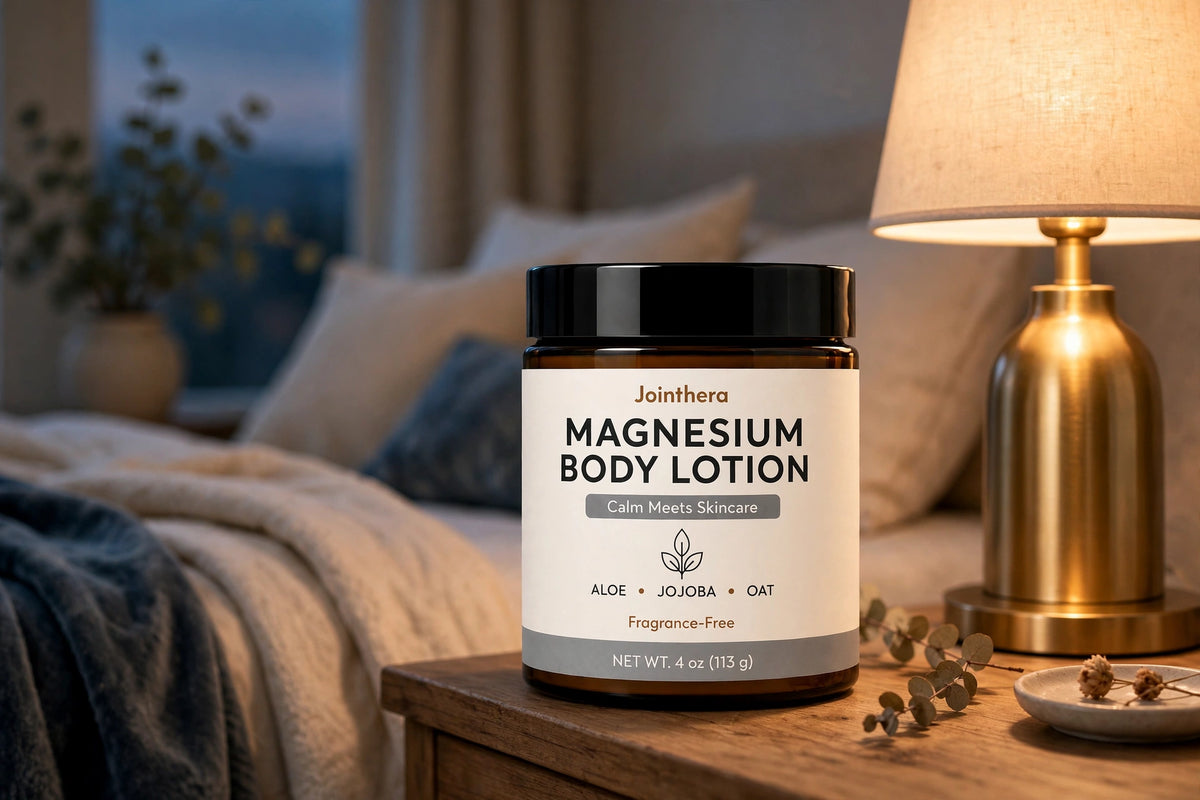 Magnesium lotion bottle on nightstand in calm bedroom at dusk