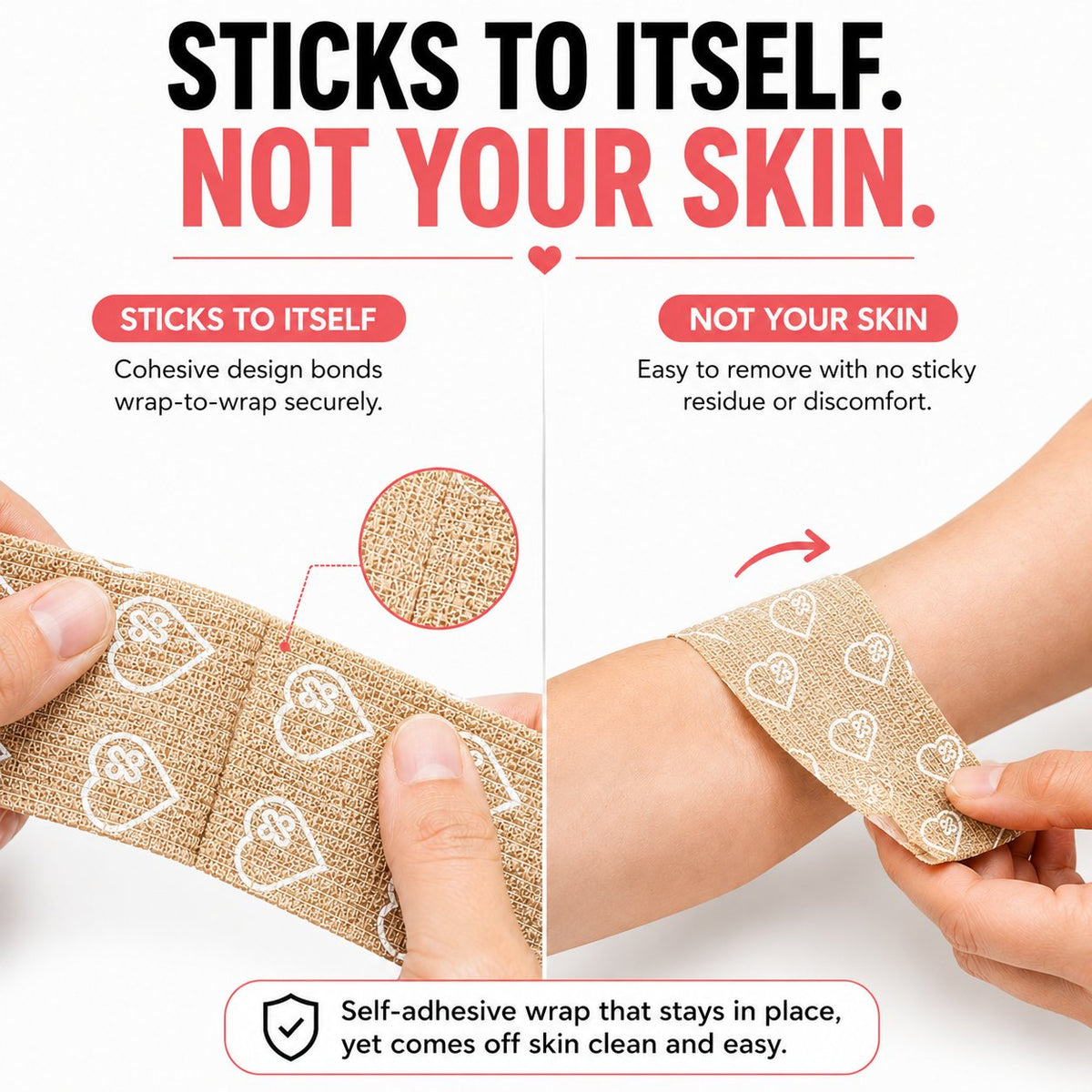 Jointhera beige wrap sticks to itself, not to skin or hair