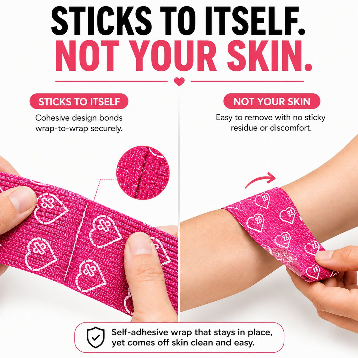 Jointhera pink wrap sticks to itself, not to skin or hair